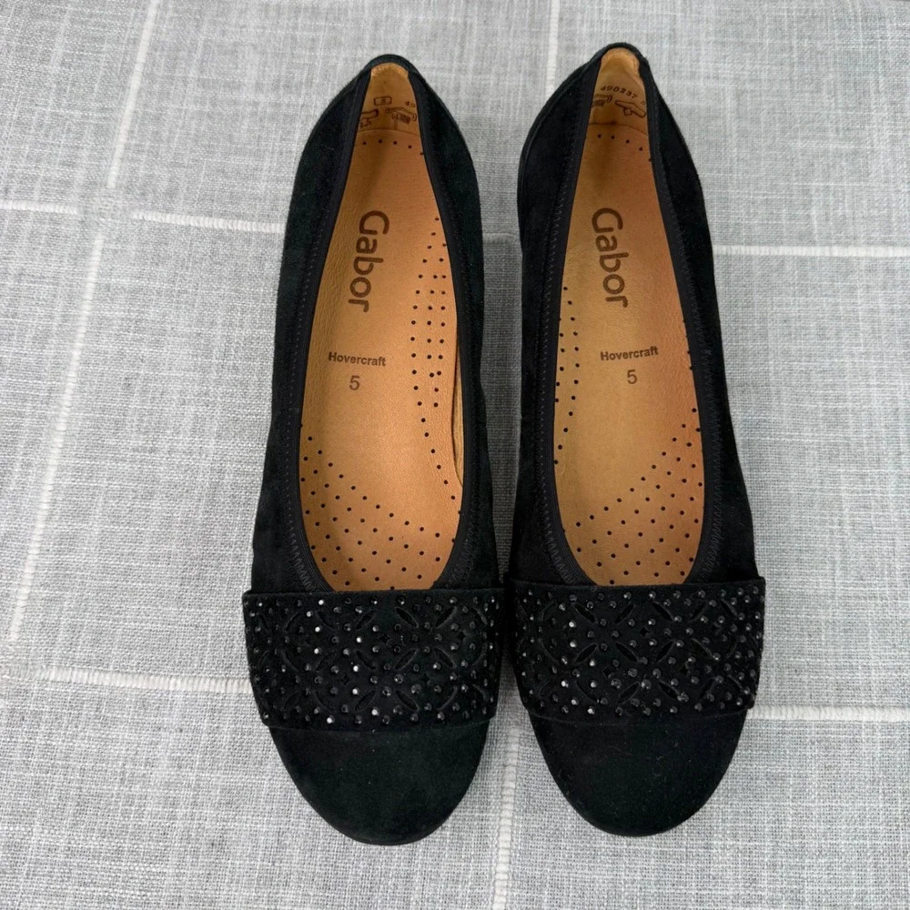 Gabor US 7.5 Black Flats Suede Laser Cut Rhinestone UK 5 Hovercraft‎ Sole